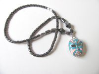 Healing Hematite Necklace with Color Enamel and Rhinestone Opera Mask Pendant Mardi Gras (Blue and Pink)