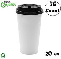 Extra Large 20oz White Paper Coffee Cups with Black Lids - (75 Count) by EcoQuality - Disposable Paper Coffee Cups - Hot Drink, Tea, Coffee, Cappuccino, Hot Chocolate, Chai, Chai Latte, Office,Travel