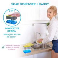 2-in-1 Sponge Rack with Soap Dispenser, Durable Countertop Sink Dispenser, Pump Bottle Caddy with Storage Compartment, Multifunction Soap Pump for Kitchen Sink Dish washing (B)