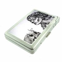 Cigarette Case with Built in Lighter Sugar Skull S24 Smoking King Size Cigarettes Silver Metal Wallet 4" X 2.75" RFID Protection Candy