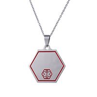 LiFashion LF Stainless Steel Personalized ICE SOS Medical Alert Hexagon ID Tag Pendant Necklace Emergency for Men Women Customized Engraving