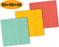 150 Beverage Napkins, Mint, Sunshine Yellow, Coral - 50 Each Color. 2 Ply Paper Cocktail Napkins. 5" folded, 10" unfolded.
