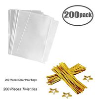 Clear Treat Bags 200 PCS (6" by 8") Cellophane Bag Party Favor Bags with 200 PCS Gold Twist Ties for Wedding Gift Cookie Candy