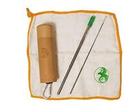 Reusable Telescopic Stainless Steel Metal Straw with Silicone Tip & Cleaning Brush, an Ultra Absorbent Bamboo Fiber Towel & a 100% Natural Bamboo Case with Carabiner Perfect for Travel (Green)
