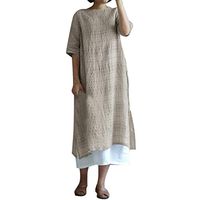 Jentouzz Fashion Women Plaid Short Sleeve Round Neck Loose Pocket Split Long Dress(5XL,Beige)