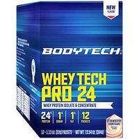 BodyTech Whey Tech Pro 24 Protein Powder Protein Enzyme Blend with BCAA's to Fuel Muscle Growth Recovery, Ideal for PostWorkout Muscle Building Strawberries Cream (12 Packets)