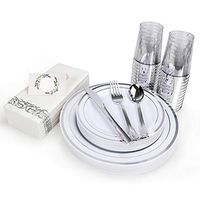 Silver Rim Plastic Dinnerware Sets Party Supplies - Disposable Wedding Tableware 24 Guests: Dinner Plates,Dessert Salad Plates,Silverware,Napkins,Cups,Table Name Place Cards for Parties Christmas