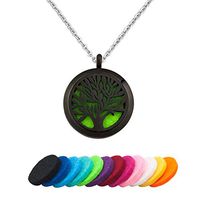 CLY Jewelry Aromatherapy Essential Oil Diffuser Necklace Stainless Steel Locket Pendant Black Tree of Life with Refill Pads