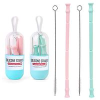 MISDECOR Collapsible Reusable Silicone Straw Portable Folding Drinking Straws With Key chain Case Holder and Cleaning Brush,BPA Free (Pink,Green)