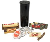 Bundle - 7 Items - RAW Black Rolling Paper, Tips, Roller and Hemp Wick with Grinder and Storage Container