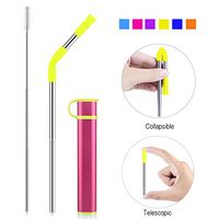 Reusable Collapsible Straw, Portable Stainless Steel Drinking Straw with Case, Straw Tip and Cleaning Brush for Travel, Party, Outdoor and Home Use (Red Case Yellow Tip)