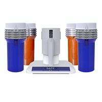 Safe Rx Mini-Safe Pill Bottle | Set Your Own Code Combination Lock | Secure Medication or Small Valuable Items, Certified Child-Resistant, Senior-Friendly| 5.4″ x 2″ Bottles 4-pk Blue/Amber + Encoder