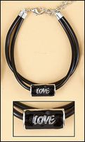 Black Bonded Leather Bracelet Adjustable to Any Size with Anodized Silver and Porcelain Slide Love Centerpiece