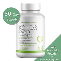 Vitamin D3 2000IU and K2 with Turmeric and COQ10 - Heart, Bone, Cellular Health Support with 10mg Avocado Powder for Better Absorption and Bio-Availability - Non-GMO and Gluten-Free - 2 Month Supply