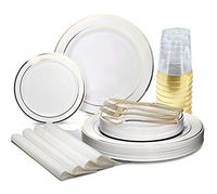 " OCCASIONS" 200pcs set (25 Guests)-Heavyweight Wedding Party Disposable Plastic Plate Set -25 x 10.5'' + 25 x 7.5'' + Silverware + Cups +linen like paper Napkins (White & Gold Rim)