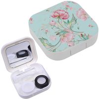 Portable Contact Lens Case Box Travel Kit Mirror + Bottle + Tweezers Container Holder [ Peony Buds Fabric ]