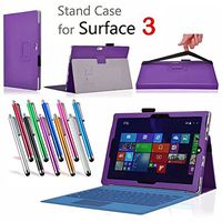 Surface 3 Case [2015 Released], EpicGadget(TM) Luxury Folding Stand Purple Leather Case Cover For Microsoft Surface 3 with 2 SD Card Pockets Fits with Keyboard + 1 Random Color Long Stylus Touch Screen Pen (US Seller!!)