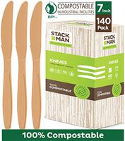 Disposable Knives 140 Pack 100% Compostable Plastic Silverware, Large 7.5” Premium Heavy Duty Flatware Utensils, Eco Friendly Certified 100% Biodegradable Natural Wood Color Tableware