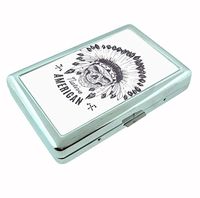 Native American Skull R1 Hip Silver Cigarette Case Id Holder Metal Wallet 4" X 2.75" RFID Protection
