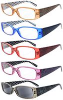 Eyekepper 5-Pack Spring Hinges Polka Dots Patterned Temples Reading Glasses Includes Sunshine Readers Women +1.0