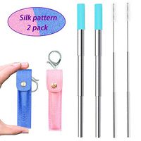 Hokeea 2 pack Portable Reusable Drinking Straws - Telescopic Stainless Steel Metal Straw with Leather Case & Keychain & Cleaning Brush & Silicon Tip(Pink+Sapphire)