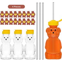 4 Pieces Juice Bear Bottles Plastic Drinking Bottles, 4 Pieces Long Straws and 4 Pieces Cute Bear Stickers Drinking Supplies