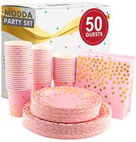 Modda Pink and Gold Party Supplies for 50 Guests - 200PCS Disposable Pink Gold Dot Paper Plate Dinnerware. Dinner, Dessert Plates, Cups and Napkins, Wedding Bridal Girl Baby Shower Birthday Party Set