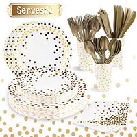 169 Pcs Gold Party Supplies Set Disposable Gold Dot Paper Plates Dinnerware Serves 24 Including Tablecloth, Plates, Cups, Napkins, Spoon, Forks, and Knives for Baby Shower Wedding Birthday Party