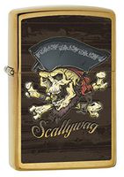 Zippo Lighter: Scallywag, Pirate Skull - Brushed Brass 77823