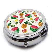 Round Stainless Steel Pill Box Case - Painting Colorful Fruit Art Pattern- Pocket 2 inches Medicine Tablet Holder Organizer Case for Purse - Compact 3 Compartment