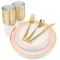 NERVURE 25 Guest Gold Plastic Plates with Gold Silverware,Disposable Cups-Include 25 Dinner Plates, 25 Dessert Plates, 25 Forks, 25 Knives, 25 Spoons & 10 oz Plastic Cups (Pink)