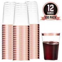 100 Rose Gold Plastic Cups 12 Oz Clear Plastic Cups Tumblers Rose Gold Rimmed Cups Fancy Disposable Wedding Cups Elegant Party Cups with Rose Gold Rim