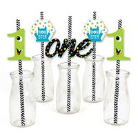 1st Birthday Monster Bash - Paper Straw Decor - Little Monster First Birthday Party Striped Decorative Straws - Set of 24