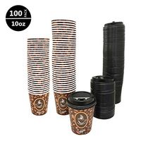 100 Pack Quality Disposable Paper Hot Coffee Cups with Recyclable Dome Lids Perfect for Hot Drinks Tea & Coffee, Coffee Shops and Bars (10 oz, Coffee Bean Design)