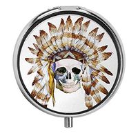 Huayuanhurug Native American Skull Indigenous Dead Man Watercolor Image with Feathers Ethnic Custom Round Pill Box Organizer 3 Compartment Medicine Case Unique Gift