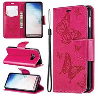 Cfrau Wallet Case with Black Stylus for Samsung Galaxy S10E,Pretty 3D Butterflies Embossed Magnetic Flip PU Leather Card Slots Kickstand Wrist Strap Case for Samsung Galaxy S10E - Hot Pink