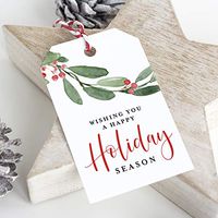 Bliss Collections Holiday Christmas Tags for Gifts, Holly Greenery Foliage Watercolor Tag Design - 50 Pack
