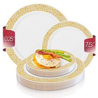 Elegant Disposable Plastic Heavy Duty Party Plates 240 Count - 120 Pcs Round White with Gold Lace Dinner Plates + 120 Pcs Fancy Dessert Salad Plates For Wedding, Thanksgiving, Birthday & All Occasions