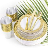Paradise Dining | 25 Guest Set: 150 Piece Disposable Plates Gold Plastic Dinnerware Set| Gold Plastic Plates, Gold Plastic Cups & Gold Plastic Silverware| Lrg & Sml Plates, Cups, Forks, Knives, Spoons