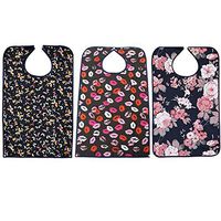 Adult Bib, 3 Pack Washable Reusable Waterproof Clothing Protector with Crumb Catcher and Vinyl Backing Bibs Gifts for Women (Floral/Lip/Butterfly)