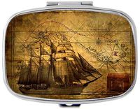 Retro Sailboat Custom Silver Stylish, Slim Design Pill Box Holder，Rectangle Medicine Vitamin Organizer Pill case