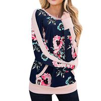 Women's Pullover Sweater Floral Print Long Sleeve Sweatshirt Splice Loose Blouse Tops Hoodies Shirt Navy