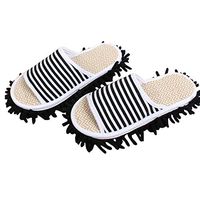 Ozzptuu Stripe Comfortable Open Toe Dust Mop Slippers Floor Cleaning Tool Microfiber Detachable Washable Cleaning Slipper for Women Men (Stripe Black, Women 7-10/Men5-8)