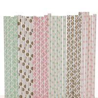 Gold, Mint and Pink Paper Straw Mix - Polka Dots and Damask (50)