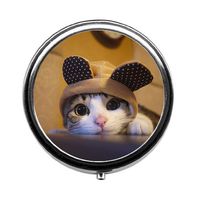 Qien BaiSei A Cute Little Kitten with a hat Pill Box/Pill Case-Round Pill Box/Case- Three-Compartment Pill Box/Pill Case