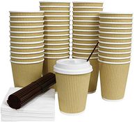 Galashield 12 Oz Disposable Coffee Cups with Lids 50 Pack Hot Paper Ripple Cup with Stirring Straws and Napkins