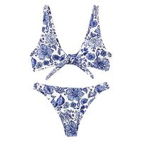 Gojendy Women's Retro Vintage Floral Printed One Piece Swimsuit Tie Knot Decor Front Tank Top Bikini Sets (L, Blue)