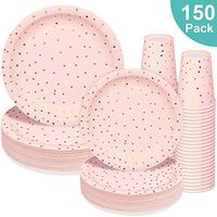 150 PCS Gold & Pink Paper Disposable Dinnerware Set - Birthday Anniversary Hawaii Wedding Valentine's Day Baby Shower Cocktail Party Supplies Tableware with 50 Dinner Plates,50 Dessert Plates, 50 Cups