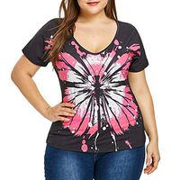 general3 Women Plus Size Tops Butterfly Print Short Sleeve O-Neck T-Shirt Basic Shirt Slim Blouse(Black,X-Large)