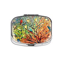 Rex Parker Pill Box - Compact 2 Compartment Medicine Case, Pill Box for Pocket or Purse(Trees and Colorful Birds) Rectangular